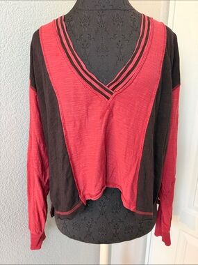 FP Movement by Free People Red and Brown V-Neck Colorblock Long Sleeve Medium